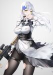  1girl absurdres assault_rifle bangs black_choker black_legwear breasts choker covering_mouth cross cross_necklace dress eyebrows_visible_through_hair feet_out_of_frame girls_frontline green_eyes gun h&amp;k_hk416 hand_in_mouth highres hk416_(girls_frontline) holding holding_weapon jewelry large_breasts long_hair looking_at_viewer lubikaya1 necklace pantyhose rifle silver_hair solo standing suspenders torn_clothes torn_legwear weapon white_background white_hair 
