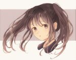  1girl :o brown_eyes brown_hair face hair_blowing kumagai_yuka long_hair original simple_background solo twintails 