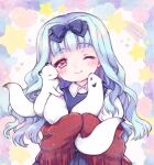  1girl amatsuka_watayuki baby_princess blue_dress blue_hair blush bow child chonkoo dress eyebrows_visible_through_hair ferret hair_bow hair_intakes hug long_hair nuzzle one_eye_closed plaid_shawl red_eyes red_shawl ribbon shawl shirt smile upper_body white_shirt 