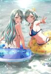  2girls :d ;d aqua_hair artist_name ass bang_dream! bangle bangs bare_arms bare_shoulders bikini blue_bikini bow bracelet braid breasts collarbone day earrings fingernails flower frilled_bikini frills from_behind green_eyes grin hair_bow hair_flower hair_ornament hair_ribbon hairclip hand_up highres hikawa_hina hikawa_sayo innertube jewelry leaning_forward lens_flare light_blush light_particles long_hair looking_at_viewer looking_back medium_breasts medium_hair mia_(fai1510) multi-strapped_bikini multiple_girls navel ocean one_eye_closed open_mouth outdoors outstretched_arm ribbon shiny shiny_hair siblings side-tie_bikini side_braids signature sisters smile standing star_(symbol) star_earrings stomach sunlight swept_bangs swimsuit transparent twin_braids twins v very_long_hair wading water white_flower yellow_bow yellow_ribbon 