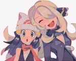  2girls :d ^_^ bare_shoulders beanie blonde_hair breasts closed_eyes cynthia_(pokemon) hikari_(pokemon) fur_trim hair_over_one_eye hat hinann_bot long_hair multiple_girls open_mouth pokemon pokemon_(game) pokemon_dppt scarf simple_background small_breasts smile upper_body white_background 