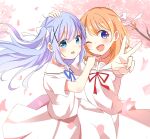  2girls ;d bangs blue_eyes blue_hair blue_ribbon bow brown_hair commentary_request dress eyebrows_visible_through_hair floating_hair flower gochuumon_wa_usagi_desu_ka? hair_between_eyes hair_bow hair_ornament highres hoto_cocoa kafuu_chino kousaka_nobaku long_hair matching_outfit multiple_girls neck_ribbon one_eye_closed open_mouth outstretched_arms petals pink_flower red_ribbon ribbon sailor_collar sailor_dress smile tree_branch two_side_up v very_long_hair violet_eyes white_bow white_dress white_sailor_collar x_hair_ornament 