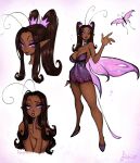 1girl absurdres antennae artist_name bare_arms bare_legs bare_shoulders brown_hair bug butterfly butterfly_wings choker commentary dark_skin dark-skinned_female dress english_commentary eyeshadow fairy highres insect lips long_hair looking_at_viewer makeup matilda_fiship multiple_views one_eye_closed original parted_lips pink_eyes pointy_ears sidelocks simple_background twintails white_background wings 