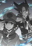  2boys bangs baseball_cap belt brown_hair closed_mouth commentary_request gloves grimsley_(pokemon) hair_between_eyes hand_on_headwear hand_up hat highres hilbert_(pokemon) jacket long_sleeves looking_at_viewer male_focus multiple_boys open_mouth pants partially_fingerless_gloves pokemon pokemon_(game) pokemon_bw pokemon_masters_ex punico_(punico_poke) shirt smile spiky_hair tongue zipper_pull_tab 