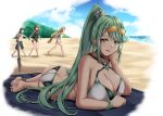  1boy 3girls bangs blonde_hair breasts chest_jewel diehong earrings green_eyes green_hair highres jewelry large_breasts long_hair multiple_girls mythra_(radiant_beach)_(xenoblade) mythra_(xenoblade) pneuma_(xenoblade) ponytail pyra_(pro_swimmer)_(xenoblade) pyra_(xenoblade) red_eyes redhead rex_(xenoblade) short_hair swept_bangs very_long_hair xenoblade_chronicles_(series) xenoblade_chronicles_2 yellow_eyes 