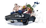  2boys bag black_hair black_legwear blindfold blue_pants boxer_briefs brown_hair car chest_tattoo covered_eyes driving extra_eyes facial_tattoo full_body gojou_satoru grin ground_vehicle highres indian_style itadori_yuuji jujutsu_kaisen knife looking_away male_focus male_underwear max801115 motor_vehicle multiple_boys open_mouth pants planted_knife planted_weapon ryoumen_sukuna_(jujutsu_kaisen) shirt shirtless short_hair simple_background sitting sleeves_pushed_up smile socks suitcase tattoo undercut underwear vehicle_request weapon white_background white_hair white_shirt 