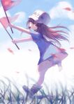  1girl absurdres ankle_cuffs blue_dress blue_sky blurry blurry_foreground boots brown_eyes brown_footwear brown_hair clouds day depth_of_field dress flag grass hat hataraku_saibou highres holding holding_flag long_hair looking_at_viewer mouth_hold outdoors petals pink_shorts platelet_(hataraku_saibou) shoes short_sleeves shorts shorts_under_dress single_shoe sky slyvia smile solo very_long_hair whistle white_headwear 