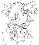  1girl cellphone commentary_request greyscale hair_ornament hands_up highres holding holding_phone leaf_hair_ornament long_sleeves mirror monochrome phone selfie short_hair simple_background skirt smartphone solo tatuhiro touhou v yasaka_kanako younger 