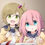  2girls :d bangs black_sailor_collar blue_eyes brown_hair brown_sweater eyebrows_visible_through_hair fang green_eyes hair_between_eyes hair_bobbles hair_ornament hair_scrunchie highres inuyama_aoi kagamihara_nadeshiko kuena long_hair long_sleeves low_twintails multiple_girls one_side_up open_mouth parted_lips pink_hair puffy_long_sleeves puffy_sleeves sailor_collar school_uniform scrunchie serafuku shirt short_eyebrows smile sweater thick_eyebrows twintails upper_body white_neckwear white_scrunchie white_shirt yurucamp 