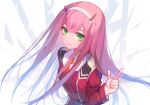  1girl absurdres bangs breasts darling_in_the_franxx eyebrows_visible_through_hair green_eyes hairband hand_up highres horns long_hair long_sleeves looking_at_viewer military military_uniform necktie pink_hair red_shirt shirt slyvia smile solo uniform upper_body white_background white_hairband zero_two_(darling_in_the_franxx) 