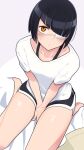  absurdres bed bed_sheet black_hair black_shorts blush closed_mouth eyepatch highres komi-san_wa_komyushou_desu lecca_aisu omoharu_nakanaka on_bed shirt shorts sitting sitting_on_bed slit_pupils t-shirt thighs white_shirt yellow_eyes 