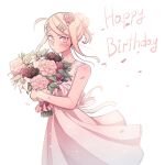  1girl ahoge akamatsu_kaede alternate_costume alternate_hair_ornament alternate_hairstyle bangs bare_arms bare_shoulders blush bouquet cheer_(cheerkitty14) dangan_ronpa_(series) dangan_ronpa_v3:_killing_harmony double_bun dress flower hair_bun hair_flower hair_ornament hairclip happy_birthday highres holding holding_bouquet musical_note_hair_ornament object_hug petals pink_dress pink_eyes pink_flower pink_rose red_flower rose shiny shiny_skin short_hair sidelocks simple_background smile solo white_background white_flower 