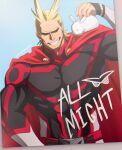  1boy all_might alternate_costume animal_on_shoulder antenna_hair belt black_bodysuit blonde_hair bodysuit boku_no_hero_academia cape character_name covered_abs grin hair_slicked_back highres large_pectorals male_focus muscular muscular_male rabbit red_cape short_hair smile solo trevo_(trevoshere) upper_body 
