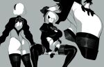  1girl absurdres ass back_cutout blindfold boots cleavage_cutout closed_mouth clothing_cutout covered_navel gloves grey_background greyscale hairband highres leotard monochrome multiple_views nier_(series) nier_automata popogori puffy_sleeves short_hair simple_background sitting spread_legs thigh-highs thigh_boots turtleneck yorha_no._2_type_b 