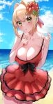  1girl absurdres ahoge beach blue_sky breasts clouds dress fate/extra fate_(series) flower frilled_dress frills green_eyes hair_flower hair_ornament highres large_breasts looking_at_viewer modern_costume_of_crimson nero_claudius_(fate) nero_claudius_(fate)_(all) red_dress sand sky summer yayoi_maka 