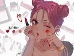  1girl :o apex_legends arm_tattoo bangs bare_shoulders blush brown_eyes character_name collarbone color_guide cosmetics dark_skin dark-skinned_female double_bun eyeshadow holding holding_lipstick_tube iyo_(nanaka-0521) lifeline_(apex_legends) lipstick_mark lipstick_tube makeup one_eye_closed open_mouth parted_bangs pink_hair red_eyeshadow solo tattoo 