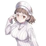  1girl alternate_costume bangs breasts brown_eyes brown_hair clos closed_mouth glasses headdress jewelry kantai_collection large_breasts long_sleeves necklace pince-nez ribbed_sweater roma_(kancolle) sakana short_hair simple_background solo sweater turtleneck turtleneck_sweater white_background white_sweater 