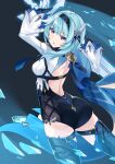  1girl absurdres arm_up ass back backless_outfit blue_hair breasts cape eula_(genshin_impact) from_behind genshin_impact gloves hair_ornament half-closed_eyes highres long_sleeves open_mouth ragnaveldt solo thigh-highs thigh_strap 