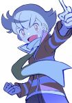  1boy :d bangs barry_(pokemon) blush_stickers commentary_request floating_scarf from_below green_scarf long_sleeves looking_at_viewer male_focus open_mouth pants pokemon pokemon_(game) pokemon_dppt pokemon_platinum scarf short_hair smile solo tongue zonbi4771 