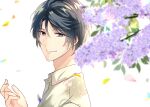  1boy black_hair blue_eyes blurry blurry_foreground day flower hand_up looking_at_viewer mady_(madine08260) male_focus outdoors short_hair smile stand_my_heroes upper_body 