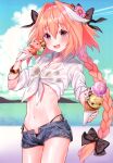  1boy absurdres astolfo_(fate) bangs beach bikini bikini_under_clothes black_bikini black_bow blue_shorts blue_sky blush bow braid collared_shirt day denim denim_shorts dress_shirt fang fate/apocrypha fate/grand_order fate_(series) flower food hair_flower hair_intakes hair_ornament highres ice_cream long_braid long_hair long_sleeves looking_at_viewer male_focus midriff multicolored_hair navel ocean open_mouth otoko_no_ko outdoors pink_hair shirt short_shorts shorts single_braid skin_fang sky smile solo streaked_hair sugar_vacation suzuho_hotaru swimsuit thighs tied_shirt violet_eyes white_hair white_shirt 