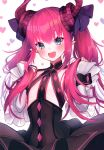  1girl absurdres blue_eyes blush breasts curled_horns detached_sleeves dragon_horns elizabeth_bathory_(fate) elizabeth_bathory_(fate)_(all) eyebrows_visible_through_hair fang fate/extra fate/extra_ccc fate/grand_order fate_(series) hair_between_eyes hair_ribbon highres horns long_hair long_sleeves looking_away pink_hair pointy_ears purple_ribbon ribbon scan small_breasts solo suzuho_hotaru two_side_up white_sleeves 