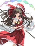  1girl absurdres bangs bow brown_hair cirno detached_sleeves eyebrows_visible_through_hair frills gohei hair_bow hair_ornament hair_tubes hakurei_reimu highres holding iranon_(new_iranon) long_hair looking_at_viewer nontraditional_miko parted_lips red_bow red_eyes sidelocks smile solo touhou unconnected_marketeers white_background wind yellow_neckwear 