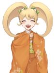  1girl :d aji_kosugi bangs bell blonde_hair blush blush_stickers bow braces cat_hair_ornament closed_eyes cowboy_shot dangan_ronpa_(series) dangan_ronpa_2:_goodbye_despair eyebrows_visible_through_hair fangs floral_print green_bow hair_bell hair_bow hair_ornament hands_up happy highres japanese_clothes kimono long_hair long_sleeves obi open_mouth orange_kimono saionji_hiyoko sash simple_background smile solo teeth twintails upper_teeth white_background wide_sleeves 