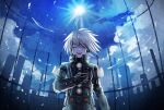  1boy ahoge android armor bangs blush closed_eyes commentary_request dangan_ronpa_(series) dangan_ronpa_v3:_killing_harmony facing_viewer gauntlets hand_up highres keebo male_focus mentai_shijimi night open_mouth pale_skin short_hair sky skyline solo upper_teeth 