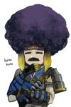  1girl absurdres afro armor bob_ross chin_stroking closed_eyes facial_hair gauntlets highres hololive hololive_english kamura_(armor) monster_hunter_(series) monster_hunter_rise mustache ninomae_ina&#039;nis pauldrons purple_hair shoulder_armor upper_body virtual_youtuber vyragami white_background 