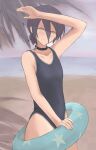  1girl 900p absurdres alternate_costume arm_up beach black_choker black_hair blue_swimsuit blush breasts chainsaw_man choker closed_mouth commentary cowboy_shot grenade_pin hair_between_eyes hair_bun highres innertube looking_at_viewer ocean one-piece_swimsuit outdoors palm_tree reze_(chainsaw_man) school_swimsuit shading_eyes short_hair sleeveless small_breasts smile solo star_(symbol) star_print swimsuit tied_hair tree yellow_eyes 