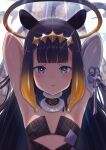  1girl :t absurdres armpits arms_up asymmetrical_gloves bangs blue_eyes blunt_bangs blush breasts dress eyebrows_visible_through_hair fur_choker gloves gradient_hair halo headpiece highres hololive hololive_english long_hair looking_at_viewer mole mole_under_eye multicolored_hair ninomae_ina&#039;nis pointy_ears purple_dress purple_hair sidelocks small_breasts solo strapless tentacle_hair tentacles tyasuzu upper_body virtual_youtuber 