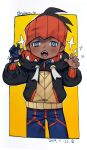  1boy artist_name black_hair black_hoodie blue_shorts blush claw_pose commentary dark_skin dark_skinned_male dynamax_band earrings fa8072 gloves gym_leader hands_up hood hood_down hoodie jewelry looking_at_viewer male_focus open_mouth orange_headwear partially_fingerless_gloves pokemon pokemon_(game) pokemon_swsh raihan_(pokemon) shorts single_glove solo sparkle teeth tongue 