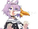  1girl ahoge animal_ear_fluff animal_ears ascot banana bangs black_collar black_hairband black_shirt cat_ears cat_girl cat_tail collar commentary_request eyebrows_visible_through_hair fang food fruit hair_between_eyes hairband hands_up hololive karei long_sleeves nekomata_okayu open_mouth purple_hair sailor_collar shirt simple_background solo tail upper_body violet_eyes virtual_youtuber white_background white_neckwear white_sailor_collar 