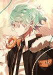  1boy artist_name black_coat black_neckwear brown_eyes coat collar_x_malice doughnut food frown fur_trim green_hair highres letochaos looking_at_viewer male_focus sasazuka_takeru short_hai simple_background upper_body 