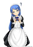  1girl ? alternate_costume apron black_dress blue_eyes blue_hair blue_neckwear blush collared_shirt dress enmaided eyebrows_visible_through_hair frilled_apron frills gradient_hair hair_between_eyes heart heart_hands kantai_collection kudou_(ooabareteng) long_sleeves maid maid_apron maid_headdress multicolored_hair neckerchief puffy_long_sleeves puffy_sleeves samidare_(kancolle) shirt simple_background solo twitter_username white_apron white_background 