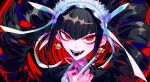 1girl bangs black_background black_hair black_jacket black_nails blunt_bangs bonnet celestia_ludenberg center_frills collared_shirt commentary_request dangan_ronpa:_trigger_happy_havoc dangan_ronpa_(series) drill_hair fangs frills gothic_lolita hair_ornament hairband headdress highres himanemuitoma jacket lolita_fashion long_fingers long_hair looking_at_viewer nail_polish neck_ribbon official_style open_clothes open_jacket open_mouth red_background red_eyes ribbon shiny shiny_hair shirt smile solo twin_drills twintails white_shirt 