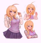  1girl :o ahoge akamatsu_kaede artist_name backpack bag bangs beamed_eighth_notes blonde_hair blush breasts closed_mouth collared_shirt cowboy_shot cropped_legs cropped_torso crossed_arms dangan_ronpa_(series) dangan_ronpa_v3:_killing_harmony eighth_note english_commentary eyebrows_visible_through_hair flying_sweatdrops hair_ornament hand_on_own_chest hands_up highres large_breasts long_hair long_sleeves looking_at_viewer looking_away medium_breasts missarilicious multiple_views musical_note musical_note_hair_ornament necktie open_mouth pink_eyes pink_neckwear pink_vest pleated_skirt purple_sweater quarter_note school_uniform shirt simple_background skirt smile sweater sweater_vest upper_body upper_teeth vest violet_eyes white_background white_shirt 