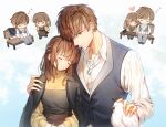  1boy 1girl ? arm_around_shoulder bag bai_qi_(love_and_producer) bench bird blush bracelet brown_hair chibi closed_eyes dog_tags earrings handbag hetero iji_(u_mayday) jewelry long_hair long_sleeves love_and_producer necklace outdoors protagonist_(love_and_producer) shirt short_hair simple_background sitting sleeping smile stud_earrings vest white_shirt zzz 