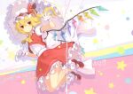  1girl 6u_(eternal_land) absurdres ascot blonde_hair bloomers character_name crease flandre_scarlet gloves hat heart heart_hands highres looking_at_viewer mary_janes mob_cap open_mouth orange_eyes parasol ribbon scan scan_artifacts shoes side_ponytail smile solo touhou umbrella underwear white_gloves 