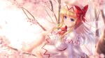  1girl bangs barefoot blonde_hair bow bowtie capelet cherry_blossoms commentary_request fairy_wings hat highres in_tree lily_white long_hair long_sleeves looking_at_viewer lzh sidelocks sitting smile solo touhou tree violet_eyes wings 