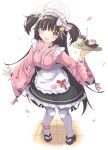  1girl black_hair blue_archive blush cup food full_body hair_ornament highres long_hair long_sleeves looking_at_viewer maid_headdress nemu7777 open_mouth petals ribbon shizuko_(blue_archive) simple_background solo teacup thigh-highs tray violet_eyes wa_maid white_background 
