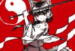  1girl bangs black_hair bow detached_sleeves gohei hair_bow hair_tubes hakurei_reimu hand_up holding long_hair long_sleeves looking_at_viewer meimaru_inuchiyo one-hour_drawing_challenge red_background red_shirt red_skirt shirt simple_background skirt solo touhou upper_body wide_sleeves yin_yang 