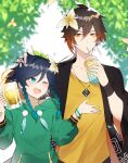  2boys absurdres alcohol alternate_costume androgynous bangs beer beer_mug black_hair blue_hair blurry blurry_background blush bracelet braid brown_hair collarbone cup disposable_cup drinking drinking_straw earrings eyebrows_visible_through_hair eyeliner eyeshadow feathers flower genshin_impact gradient_hair green_eyes hair_between_eyes hair_flower hair_ornament highres holding holding_cup hood hood_down hoodie jacket jewelry leaf long_hair long_sleeves looking_at_another makeup male_focus mug multicolored_hair multiple_boys necklace one_eye_closed open_mouth petting red_eyeshadow sakotach shirt short_hair_with_long_locks single_earring smile sparkle tassel tassel_earrings twin_braids venti_(genshin_impact) white_flower yellow_eyes yellow_shirt zhongli_(genshin_impact) 