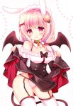 1girl animal_ears bangs bare_shoulders black_bow black_skirt black_wings blush bow breasts collarbone commentary_request demon_girl demon_tail demon_wings eyebrows_visible_through_hair frilled_shirt frills garter_straps hair_bow hair_ornament hair_over_shoulder heart heart_hair_ornament high-waist_skirt highres lifted_by_self long_hair looking_at_viewer low_twintails maid_headdress medium_breasts off-shoulder_shirt off_shoulder original panties parted_lips pink_hair pink_panties rabbit_ears red_bow red_eyes shikito shirt simple_background skirt solo tail thigh-highs twintails underwear white_background white_legwear white_shirt wings 