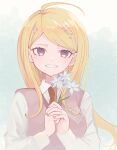  1girl ahoge akamatsu_kaede bangs blonde_hair blush breasts collared_shirt dangan_ronpa_(series) dangan_ronpa_v3:_killing_harmony eighth_note flower gradient gradient_background grey_background grin hair_ornament highres holding holding_flower long_hair long_sleeves looking_at_viewer medium_breasts musical_note musical_note_hair_ornament necktie omochi_ksw pink_vest shirt smile solo sweater_vest upper_body vest violet_eyes white_flower white_shirt 