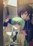  1boy 1girl arm_up ashford_academy_uniform black_hair book bookshelf c.c. code_geass creayus eyebrows_visible_through_hair green_hair height_difference highres lelouch_lamperouge library long_hair low_twintails open_mouth pink_ribbon ribbon short_hair twintails violet_eyes yellow_eyes 