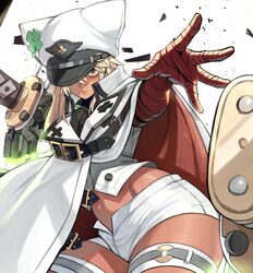  1girl absurdres belt belt_buckle blonde_hair buckle cape carcass_(artist) clover dark_skin dark-skinned_female four-leaf_clover guilty_gear hat highres looking_at_viewer midriff o-ring ramlethal_valentine shorts sword thigh_strap weapon white_cape white_headwear white_shorts yellow_eyes 