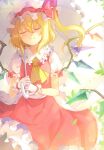  1girl 6u_(eternal_land) absurdres ascot blonde_hair blush closed_eyes feathers flandre_scarlet flower food hat highres leaf looking_at_viewer open_mouth parasol ribbon scan short_hair side_ponytail skirt socks solo touhou umbrella wings wrist_cuffs 