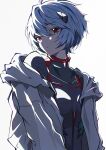  1girl absurdres ayanami_rei black_bodysuit blue_hair bodysuit evangelion:_3.0_you_can_(not)_redo eyebrows_visible_through_hair hair_ornament highres hood hooded_jacket jacket neon_genesis_evangelion off_shoulder open_clothes open_jacket parted_lips pension_z plugsuit rebuild_of_evangelion red_eyes short_hair simple_background solo thick_outlines upper_body white_background white_jacket 